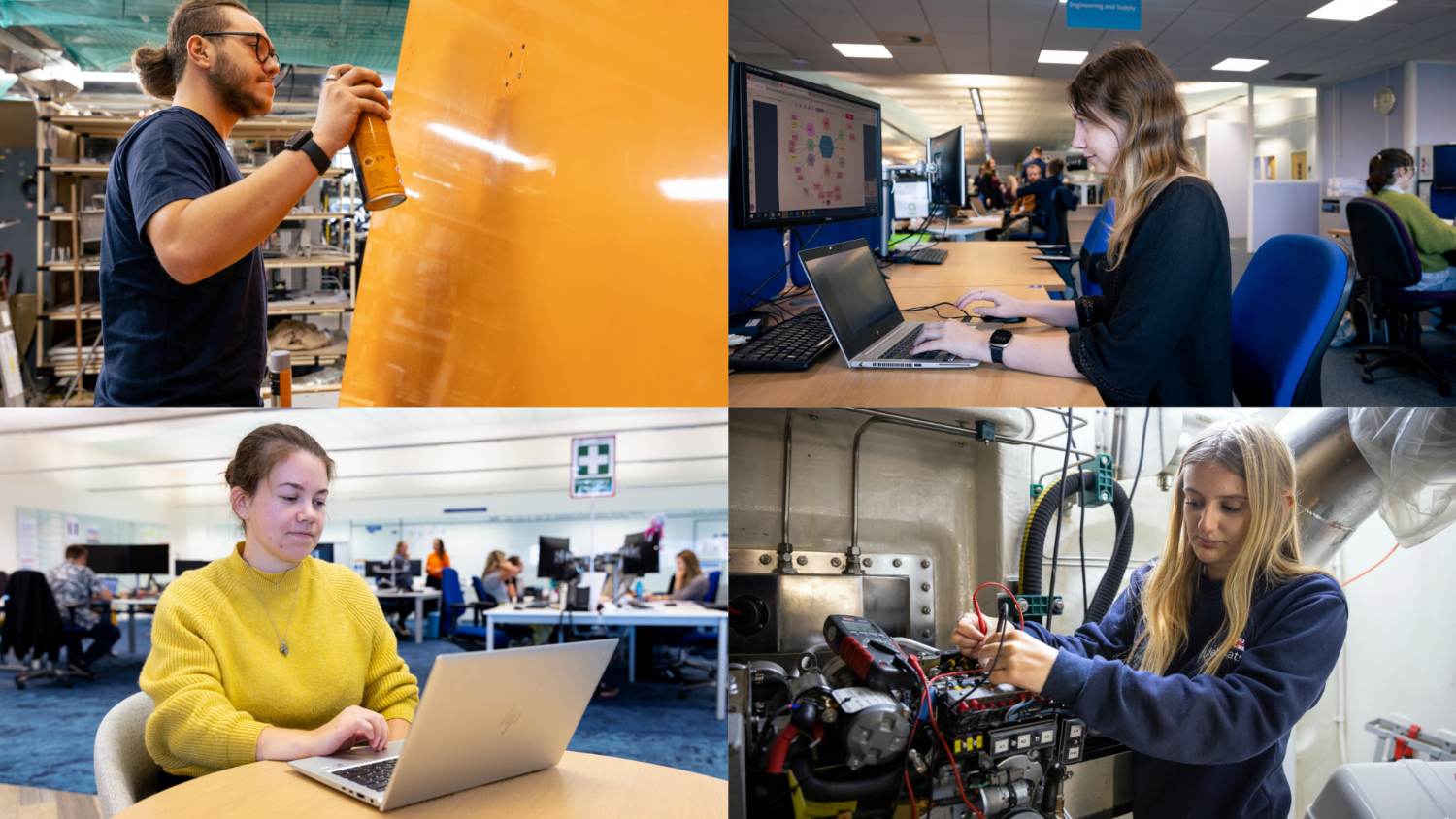 Apprentices shown in office and engineering environments, working on laptops and various machinery.